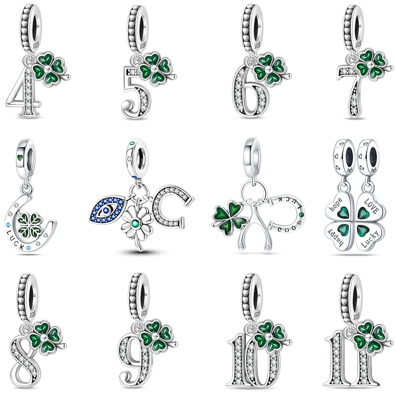 Lucky Series 925 Sterling Silver Lucky Number Clover Green Charms Beads Fit Pan Original Bracelets DIY Holiday Jewelry Gifts