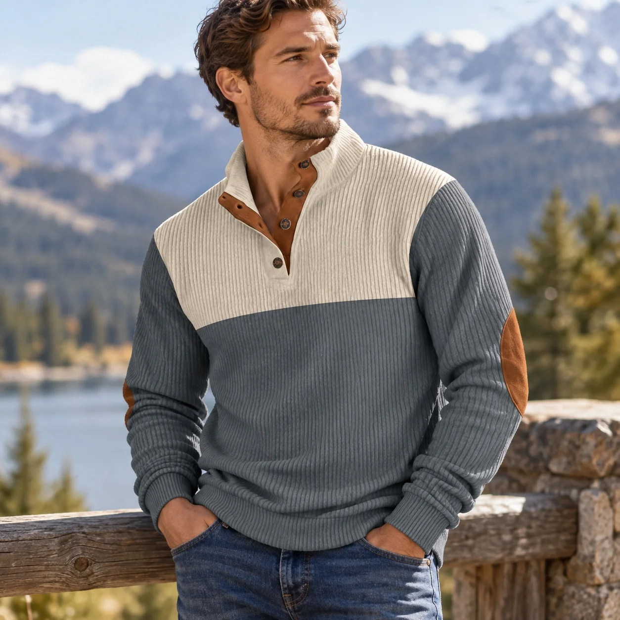 Casual Stand Collar Set Slim Fit Light Mature Casual with Regular Thickness Long Sleeve Single Breasted T Shirt for Men Winter