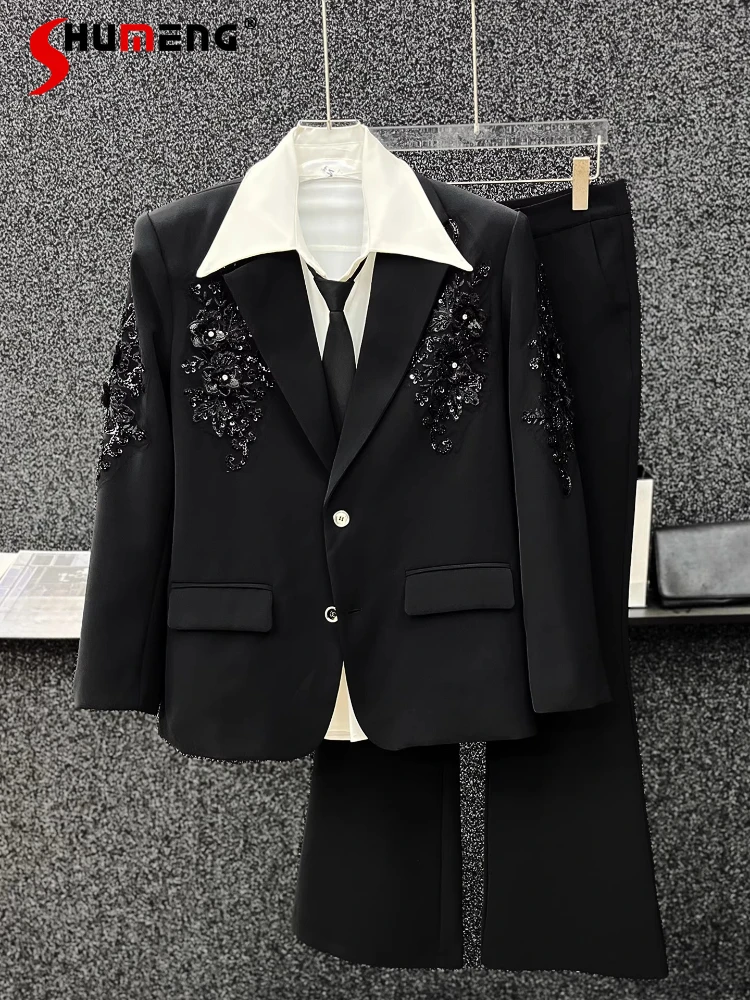 

Мужские комплекты из 2 предметов на весну и осень, новинка 2023 года, элитные пиджаки, шикарные брюки, комплекты из двух предметов, высококачественные комплекты костюмов с вышивкой пайетками