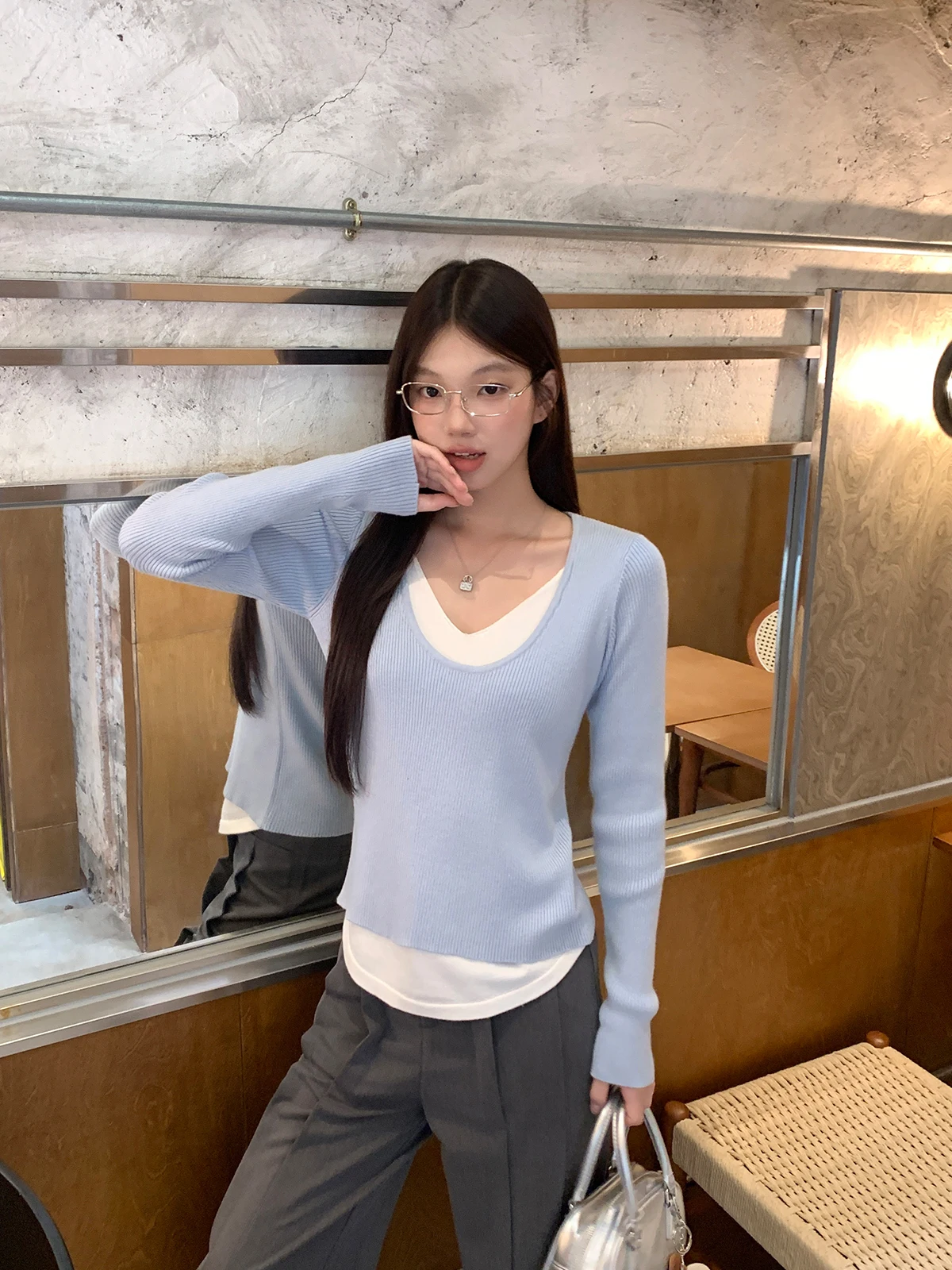 

Women's Long Sve Knitted V-Ne Slim Fit Inner Wear Top Color Blo Design Spring Faion Sensation Casual Sle