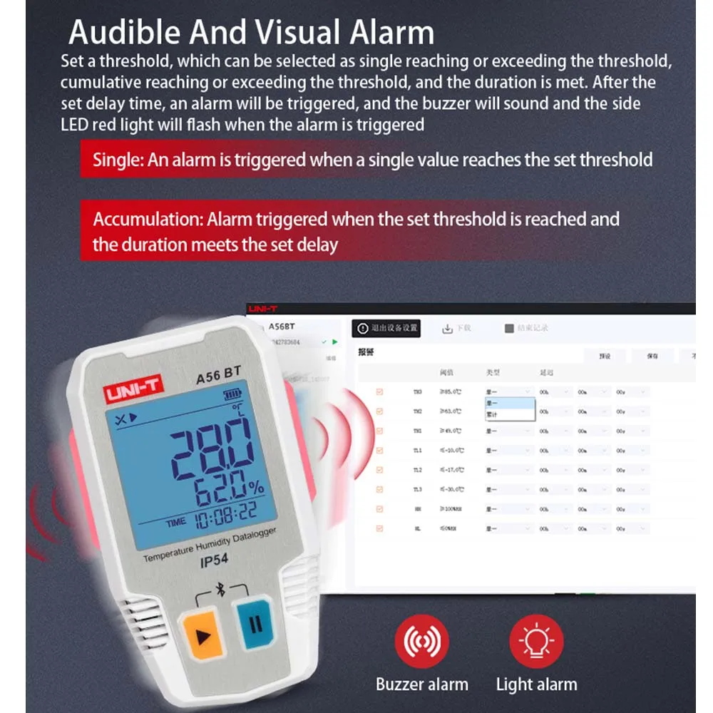 UNI-T A56 BT Bluetooth Temperature Humidity Datalogger Storage of 64000 Bluetooth temperature and humidity measurement data