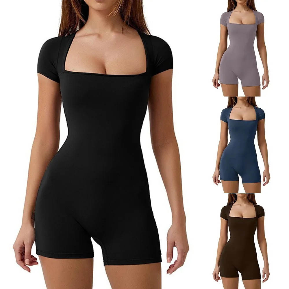 

Модный цельный костюм для йоги, однотонный эластичный спортивный комбинезон с квадратным вырезом и коротким рукавом, женский боди для йоги