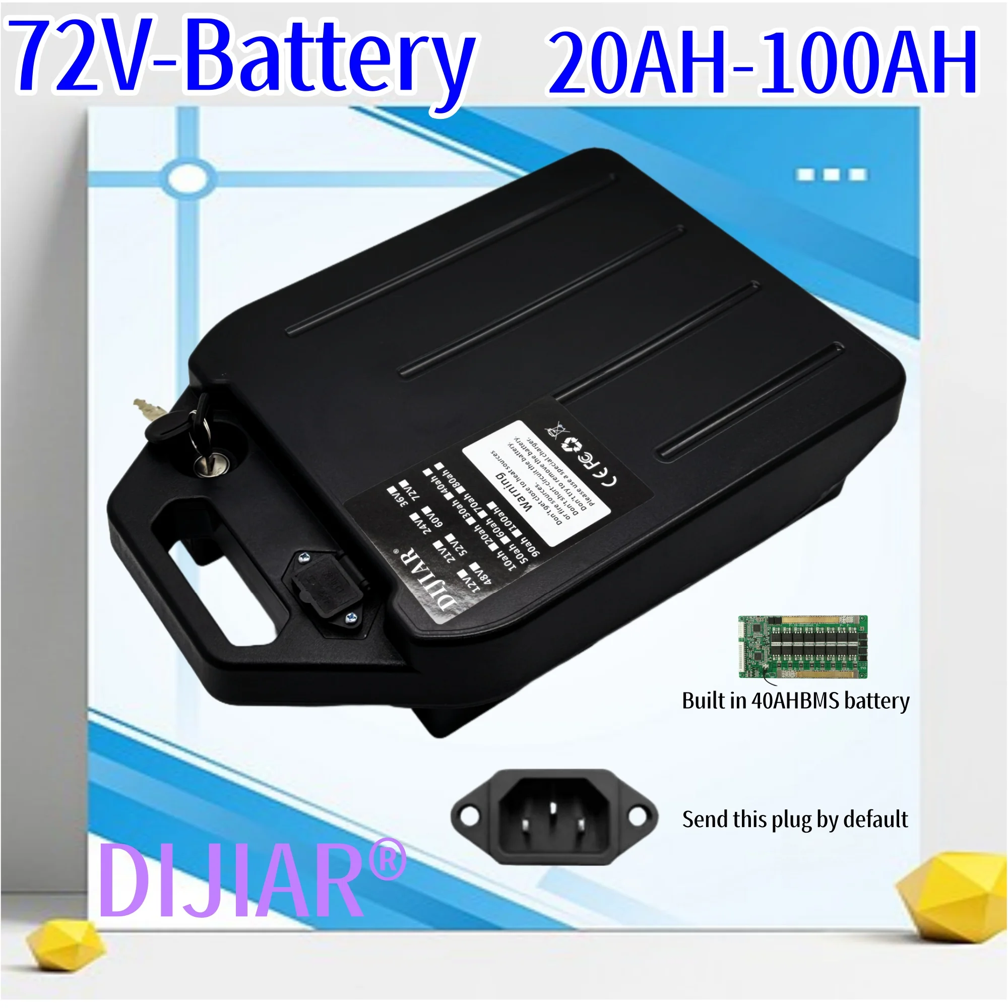 

72V lithium battery, new material, in stock, 20AH-100AH capacity, built-in 40AH BMS application 500W~3000W+charger