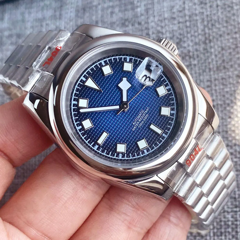 36MM/39MM Polished Case Sterile Blue Black Grid Texture Dial Lume Snowflake Hand Automatic Date Japan NH35A Men Watch Sapphire
