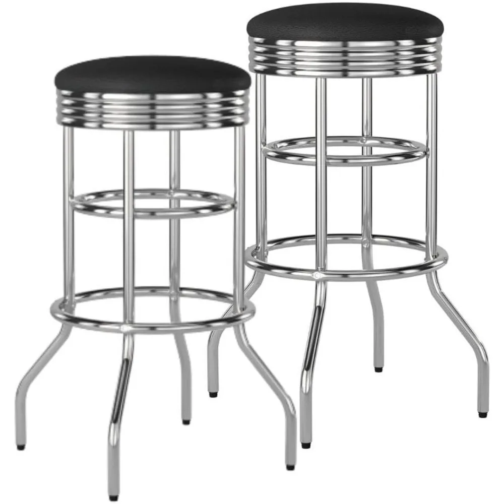 

Heavy Duty 30-inch Backless Swivel Bar Stool For Kitchen, Garage, Or Workshop, Chrome Finish With Faux Leather Seat, 2 Pack, Bl