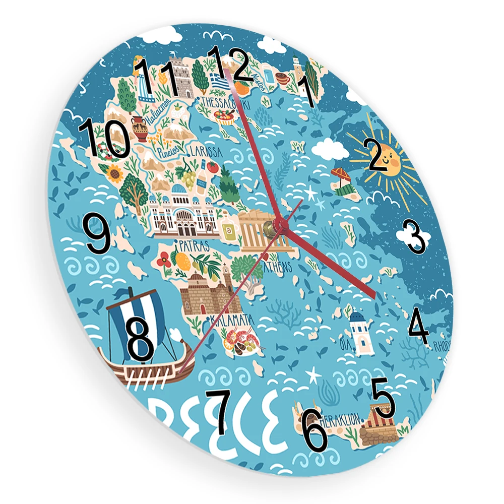Greece Map Wall Clock for Bedroom Living Room Greek Landmarks Cities Nautical Blue Design Mediterranean Travel Decorative Clock