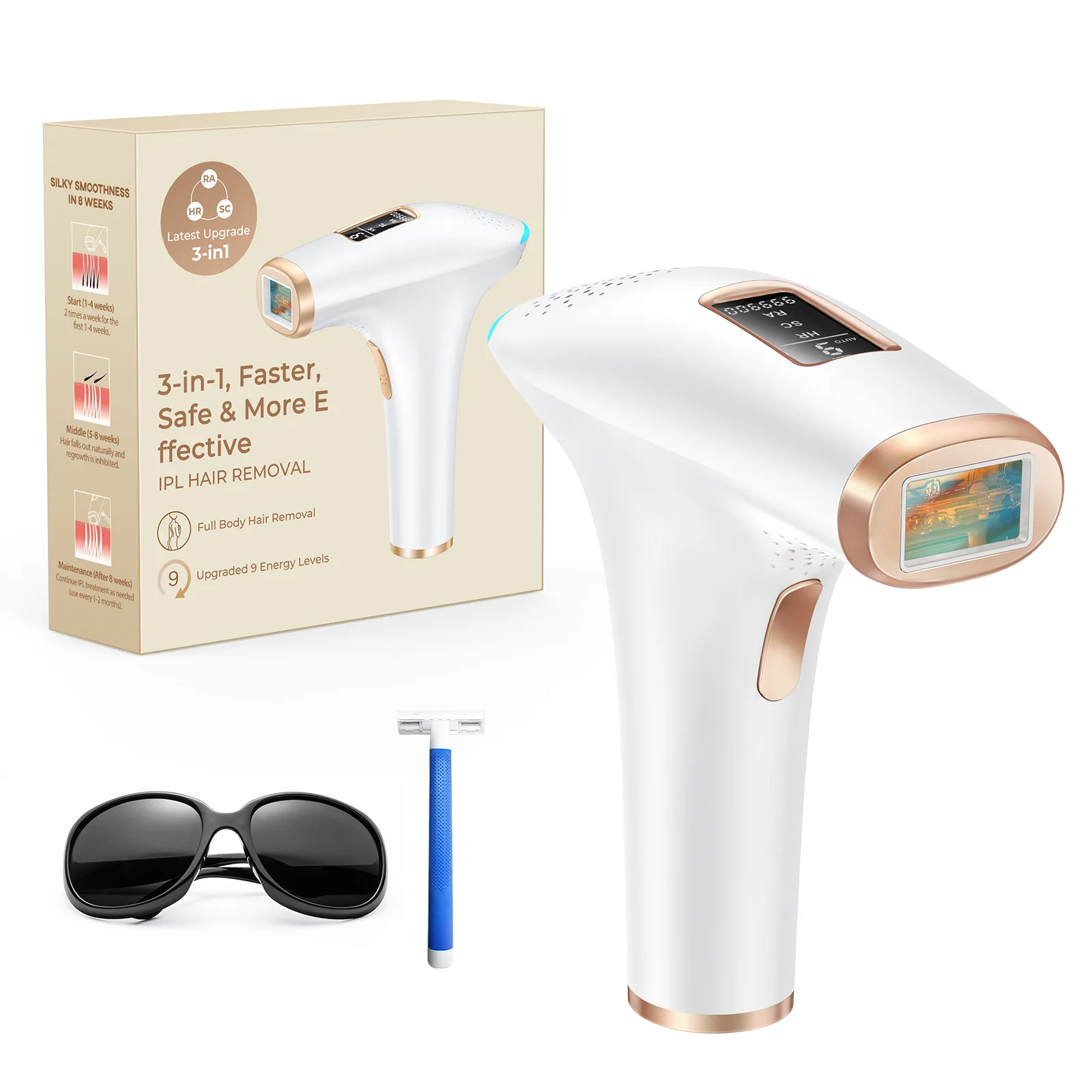 IPL Laser Hair Removal 5cm² Light Outlet 3 in 1 Quick Whole Body Permanent Remover Hair 999900 Flashes Epilator for Men Women