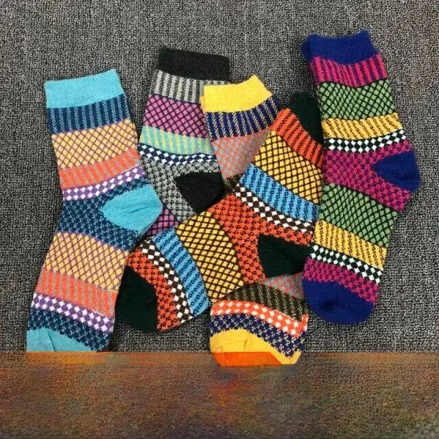  Wool Blend Mid-Calf Socks 5 Pairs Pack Men Women Ethnic Style Personality Diamond Pattern Home Comfort Stockings