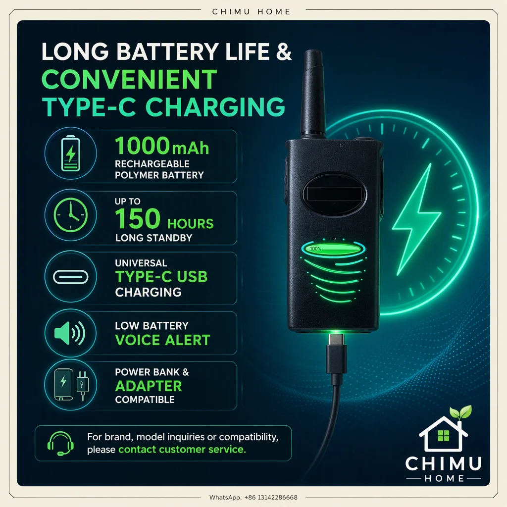 【CHIMU HOME】Ultra Slim Mini Walkie Talkie 1.5cm 89g UHF 430-470MHz 16CH 1000mAh USB-C Two Way Radio for Hotel Restaurant KTV