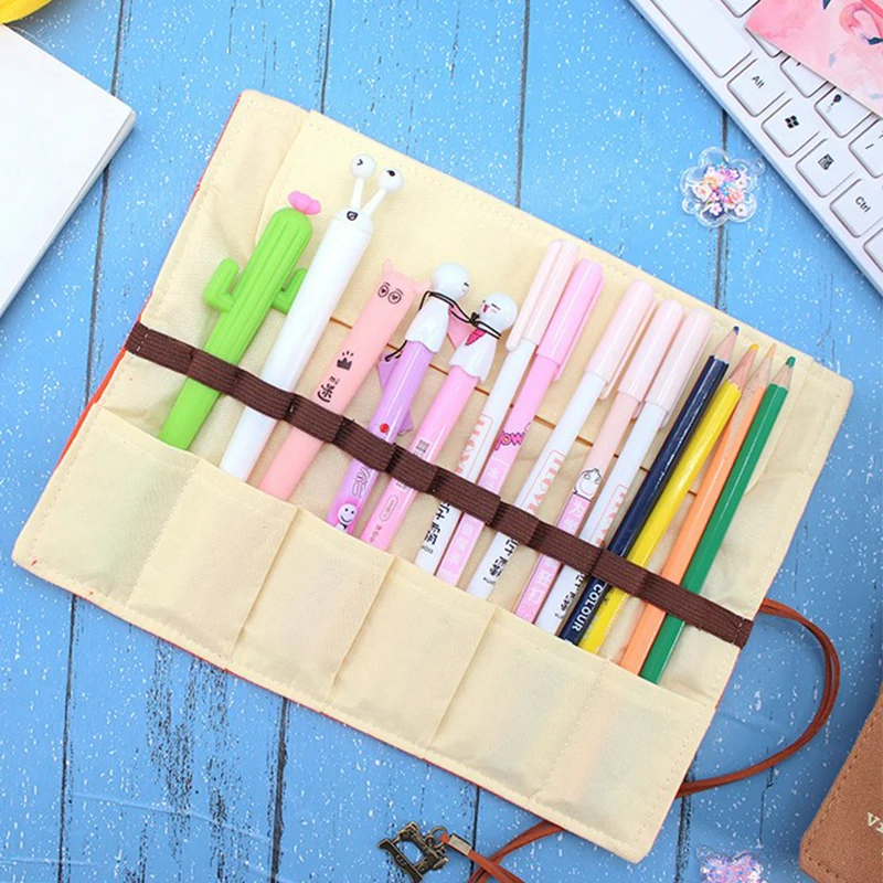 12 Holes Roll Colored Art Pencil Case Kawaii School Students Supplies Paint Brush Pen Bag Cute Pencil Cases Stationery