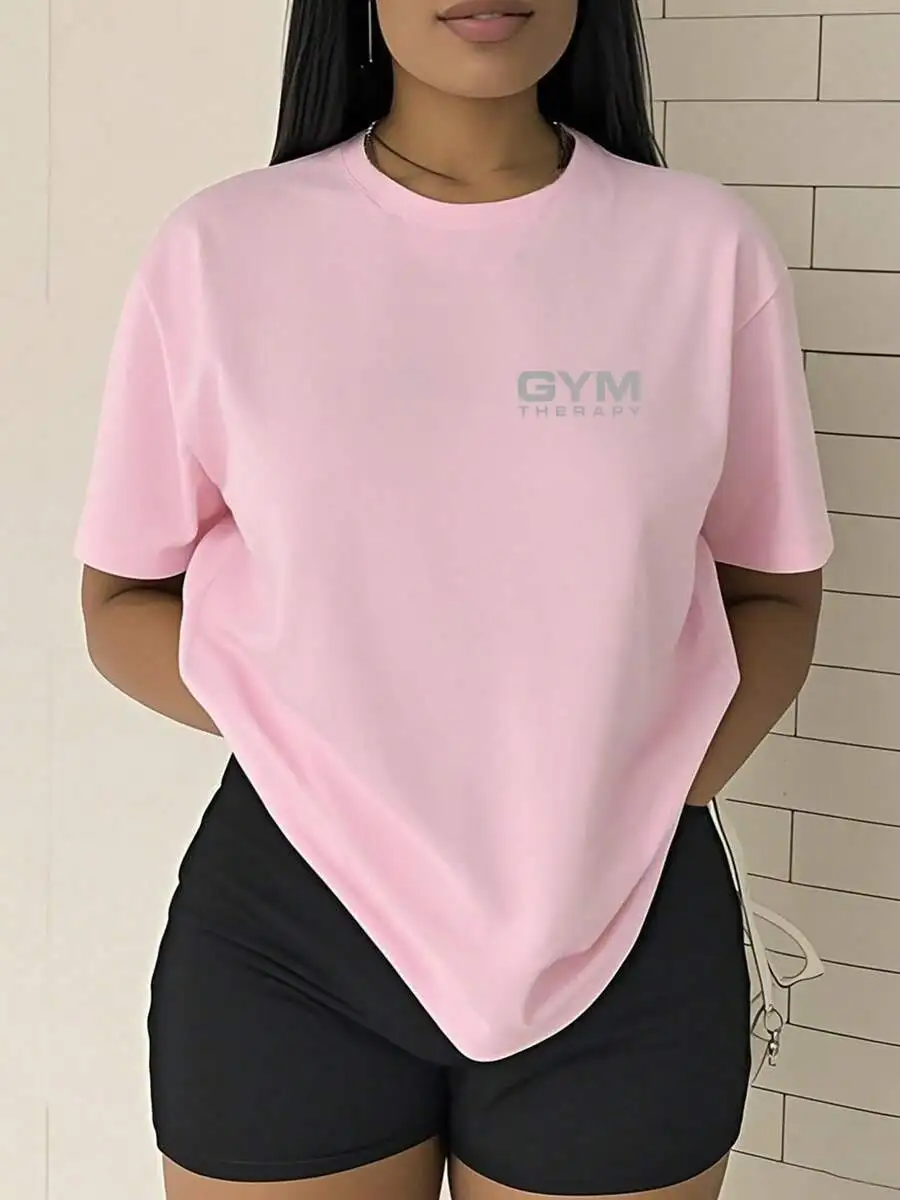 2026 New Plus Size Women Crew Neck GYM THERAPY Slogan T Shirt Fitness Therapy Double Sided Graphic Print Summer Elegant Casual Basic Top T Shirt