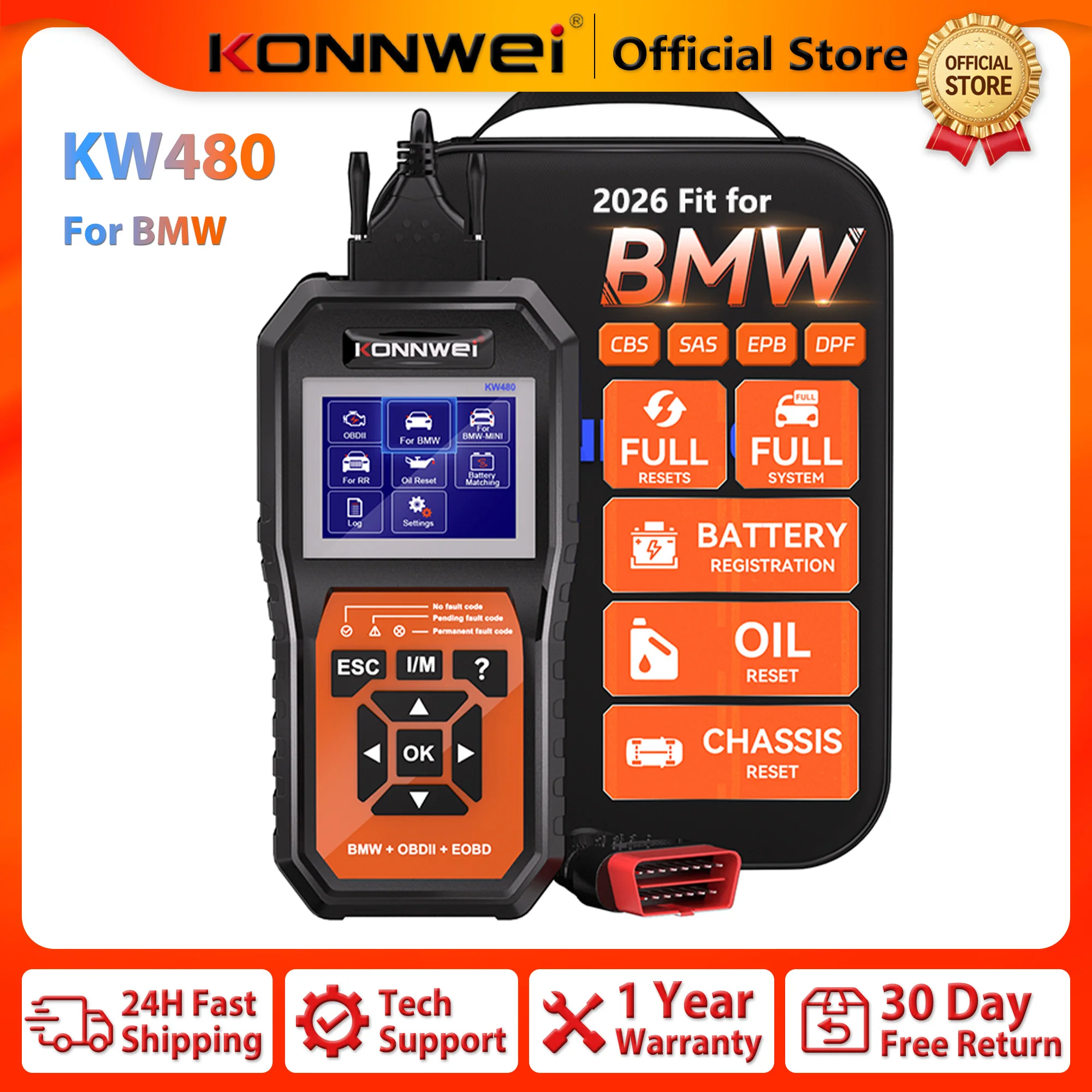 2026 KONNWEI KW480 Car OBD2 Full System Scanner Oil Reset Airbag DPF ABS SAS ECM TPMS EPB Reset Highend Diagnostic Tool for BMW