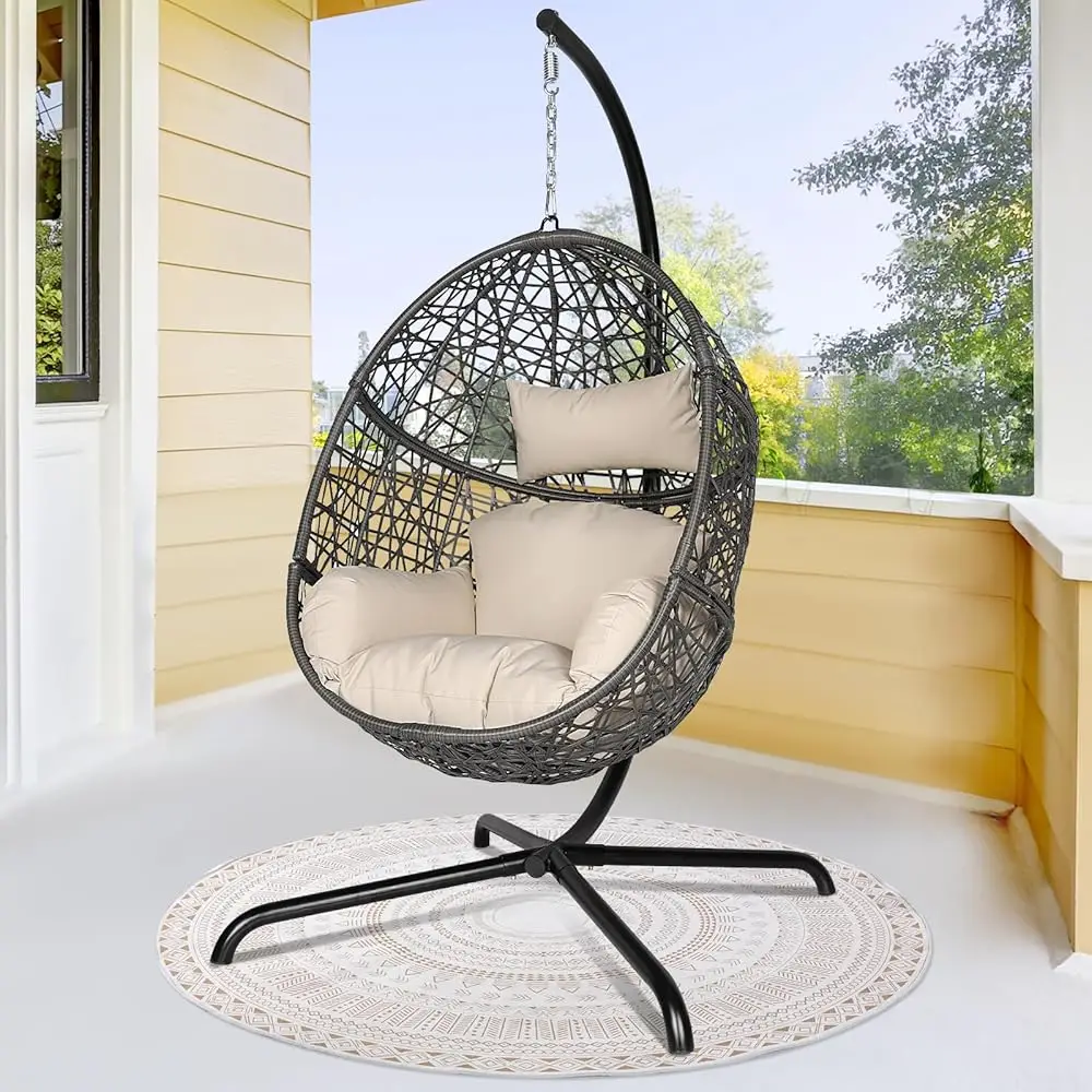 

Большое подвесное кресло-качалка-яйцо с подставкой, высота 450 фунтов, серое плетеное кресло-качалка в клетку для птиц в помещении и на открытом воздухе, сиденье в форме яйца Хаммо