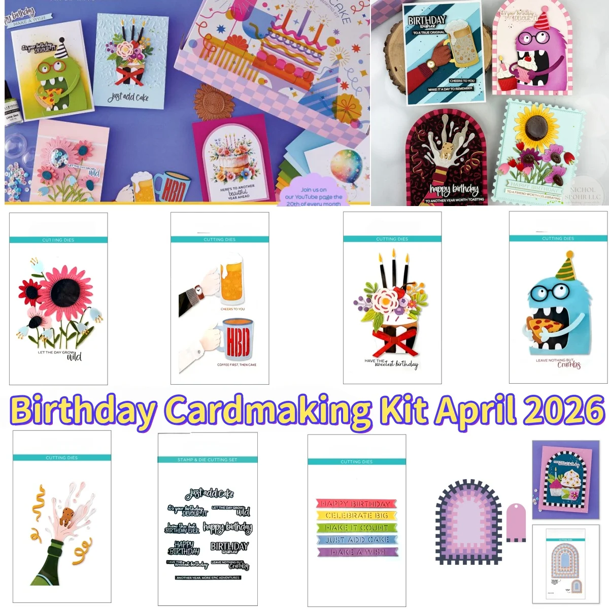 Troqueles de corte de metal grabado y sellos transparentes con estampado en caliente de flores de cumpleaños de abril de 2026 y Chompster para tarjetas DIY, álbumes de recortes y manualidades 2026