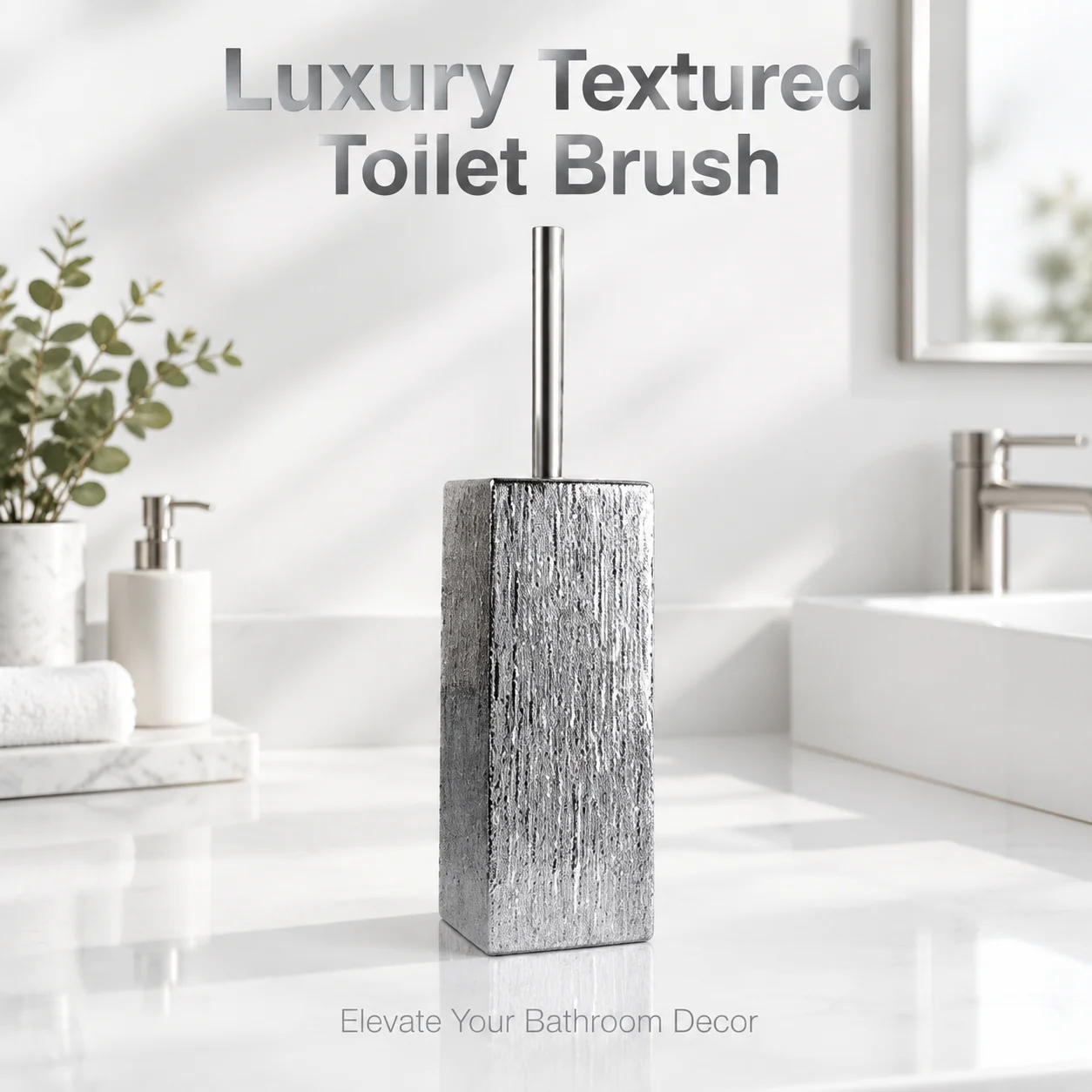 Brushed Silver Toilet Brush and Holder Set Electroplated Ceramic Base Stainless Steel Long Handle Bathroom Cleanining Brush