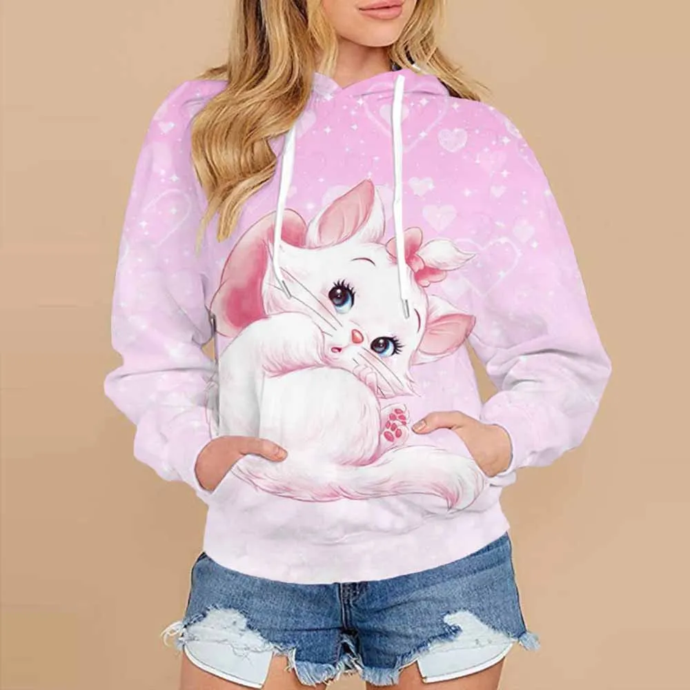 Hoodie Women\'s Round Neck Y2k Disney Mary Cat Fashion Printed Hoodie Girls\' Long Sleeve Hoodie Flower Trendy Sweatshirt