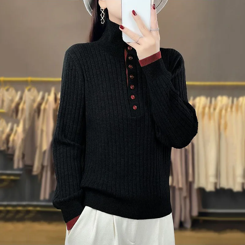 New Autumn Winter Women knitte Sweater Pullover Stand Collar Long-sleeved Knitted Jumper Wool Bottoming Shirt Female Casual Tops