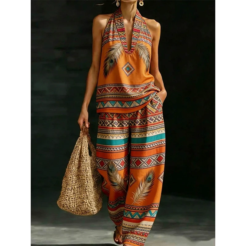 

Women's Boho Tribal 2 Piece Set Halter Neck Sleeveless Top & Wide Leg Pants Feather Print Summer Casual Female Outfits