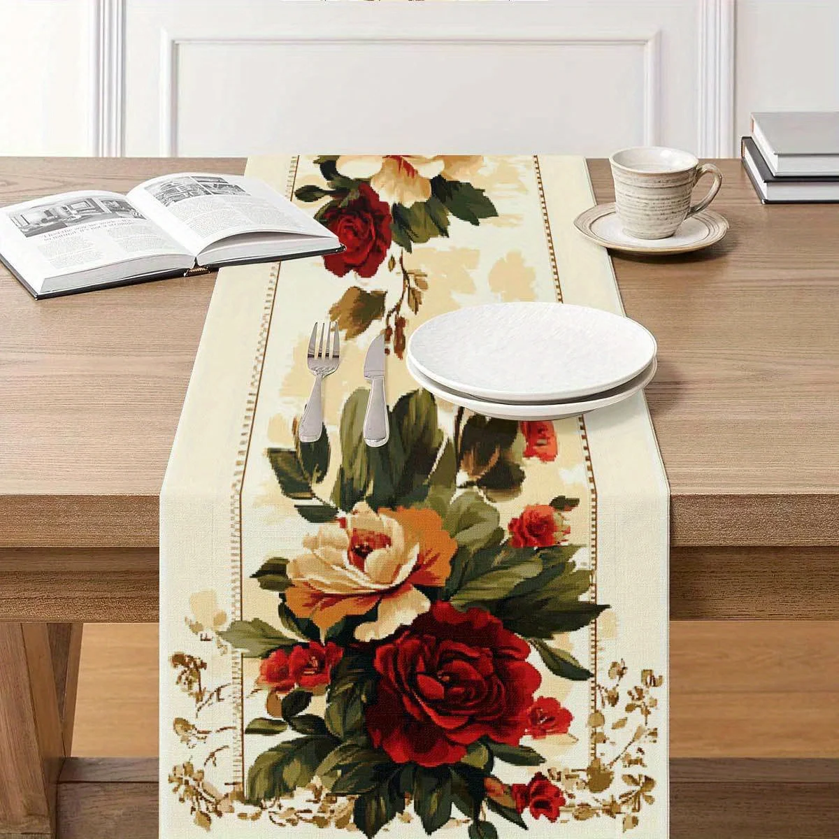 1 Piece of Red and White Rose Print Table Runner, Suitable for Dinner Parties, Holiday Parties, Family Gatherings, Children's Activities, Themed Cafes, Home Decoration, Christmas Markets, Cozy Tea Parties