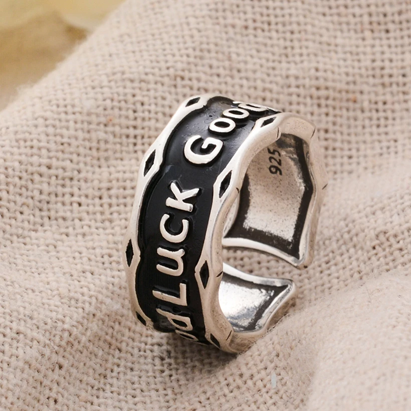 Personality Black Resin Good Luck Letter Retro Thai Silver Female Ring Jewelry For Women Birthday Gifts Cheap