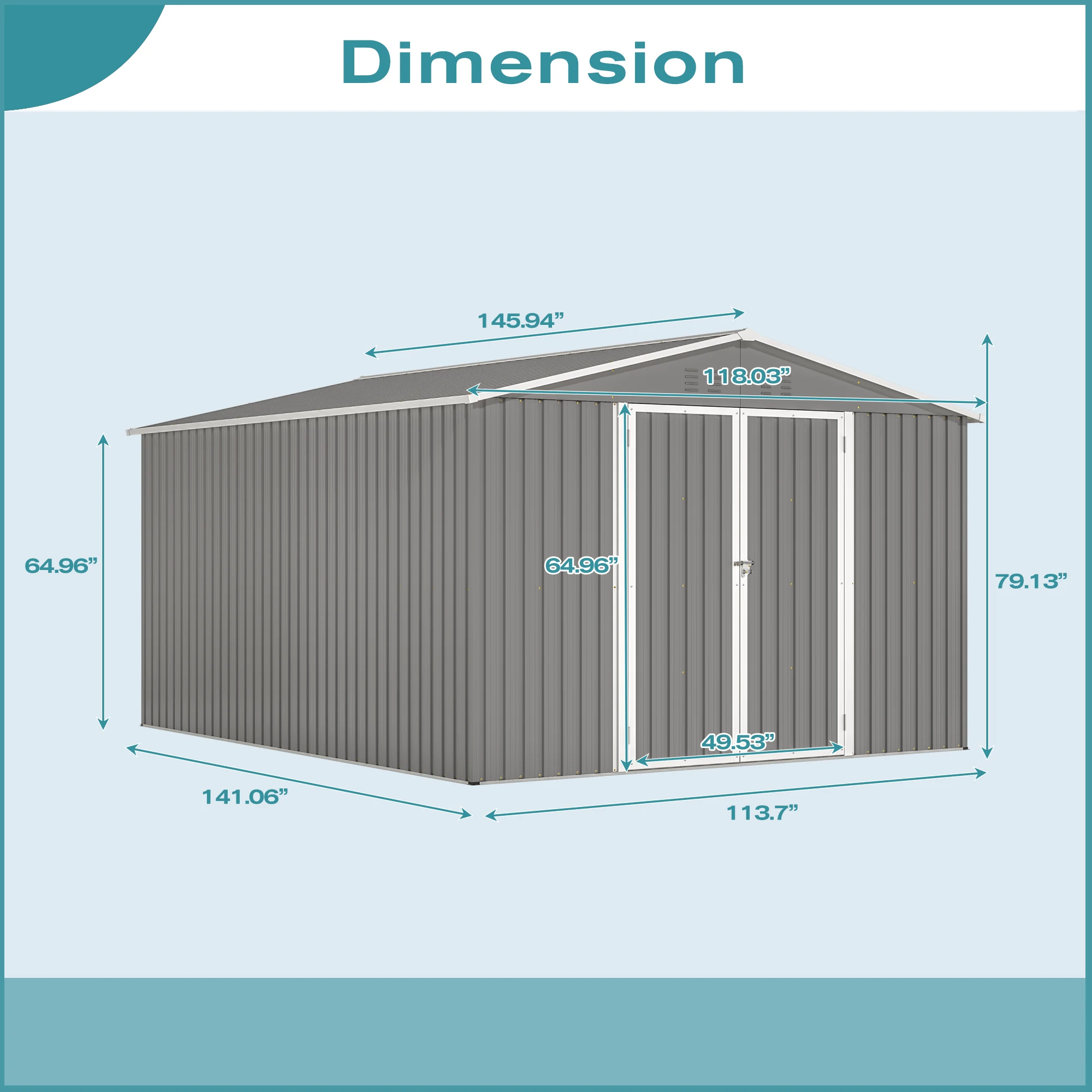 10x12 FT Metal Outdoor Storage Shed Floor Frame Double Lockable Doors Backyard Patio Gray Vents Sloped Roof Weatherproof UV