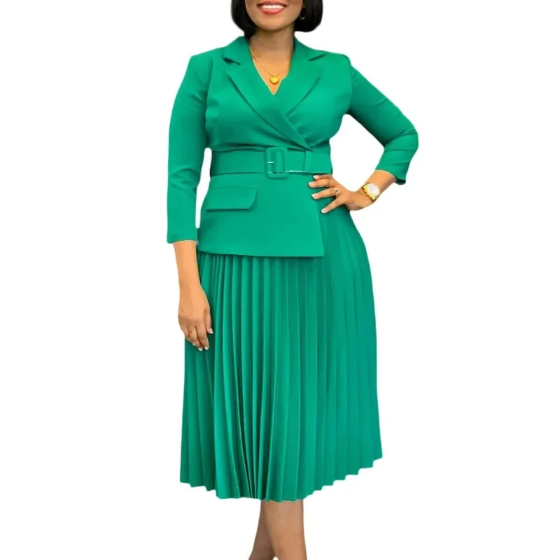 

Африканские платья Dashiki для женщин, осенняя мода, рукав 3/4, v-образный вырез, полиэстер, плиссированное платье миди, африканская одежда, платье Анкары