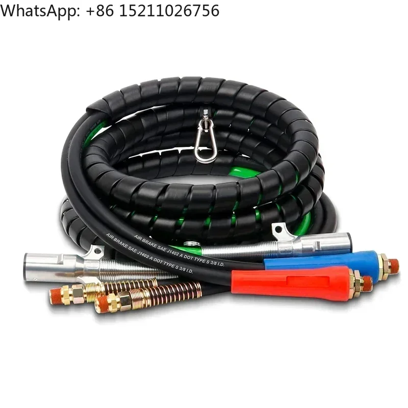 15 foot 3-in-1 rubber powered semi-truck trailer air line hose assembly wrapped in 7-way cable with right hand