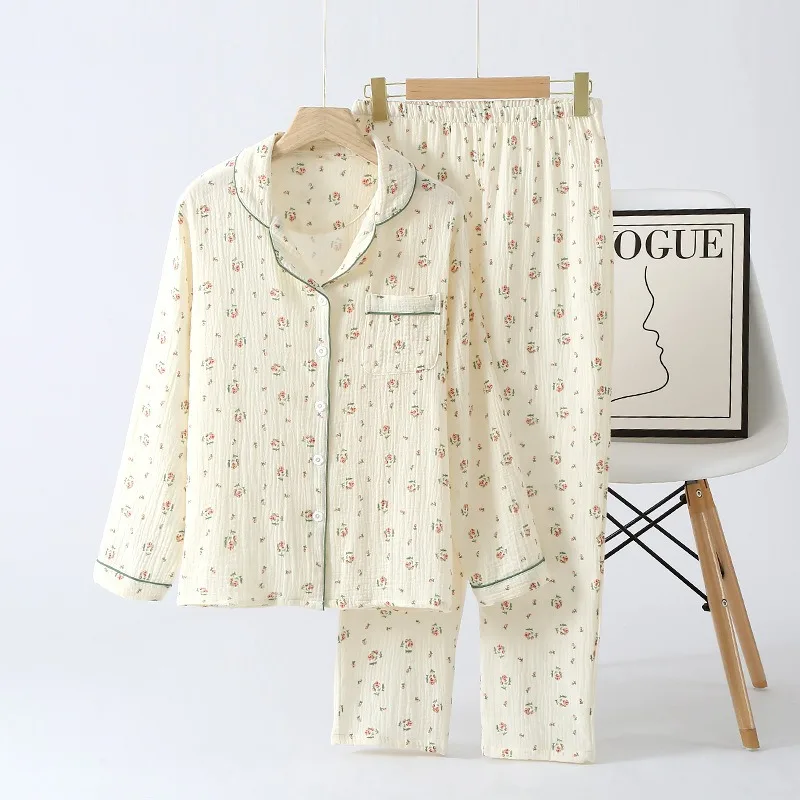 Pijamas japoneses de dos piezas para mujer, pantalones de manga larga, Cactus, 100% crepé de algodón, ropa de casa sencilla y cómoda, nuevo estilo,