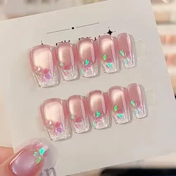 10Pcs Handmade Press on Nails Full Cover Shiny Cat Eye Butterfly Design Pink False Nails French Square Ballet Wearable Manicure