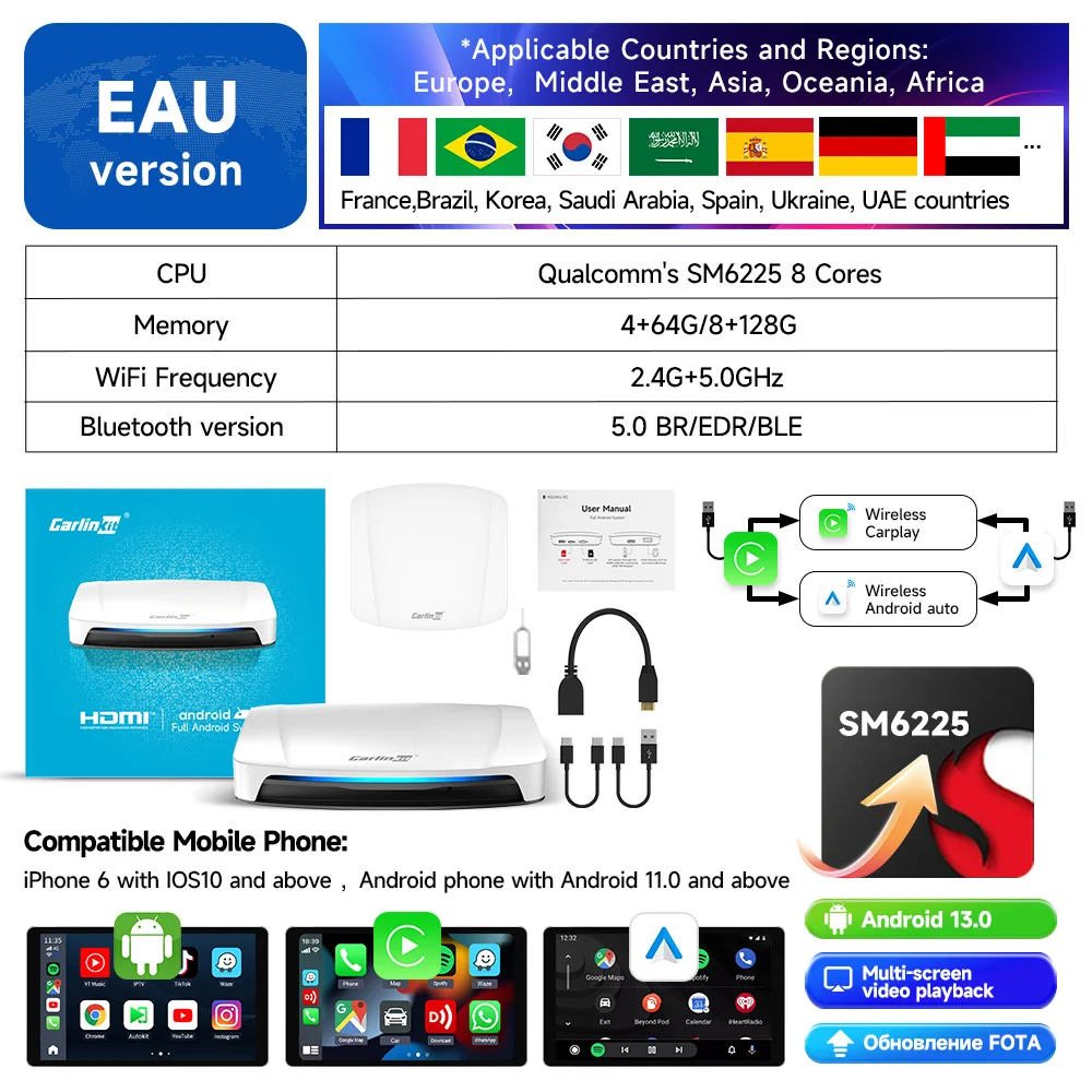 CarlinKit UHD TV Box 8 + 128G Draadloze Carplay Android Auto AI Box SDM660 8-Cores HD Uitgang Video Adapter Voor Youtube Netflix IPTV