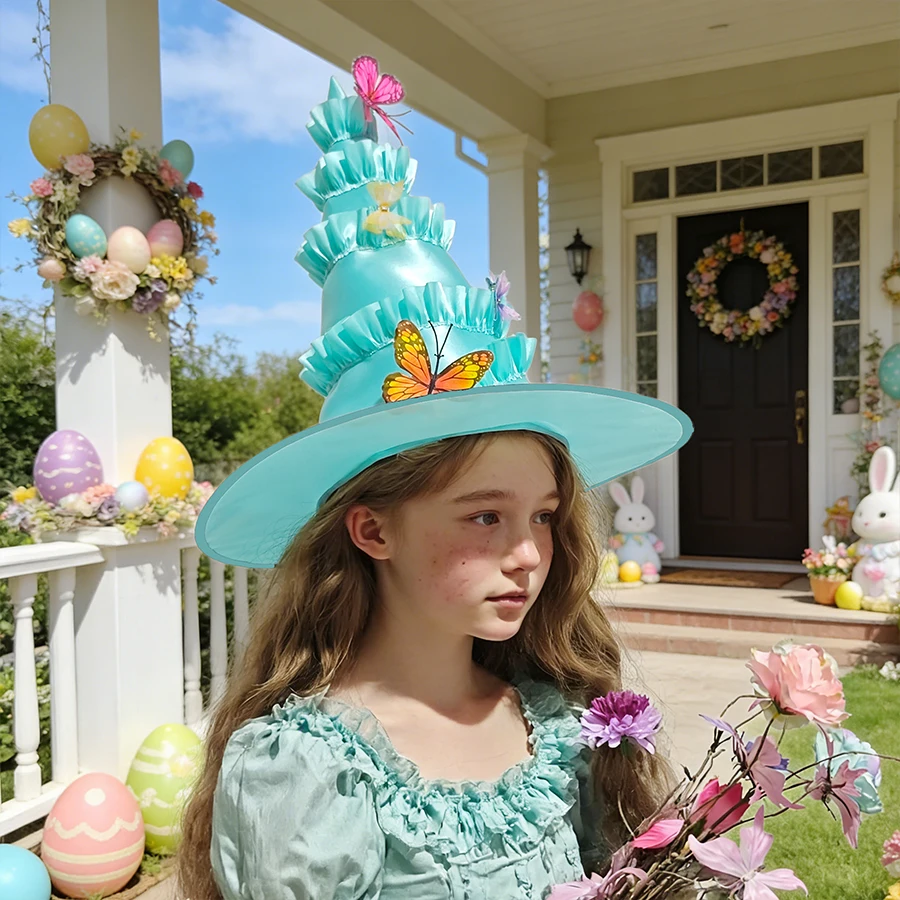 1pc mint blue ruffled edge hat with imitation butterfly decoration spring outfit flower fairy hat Easter carnival school party view 4