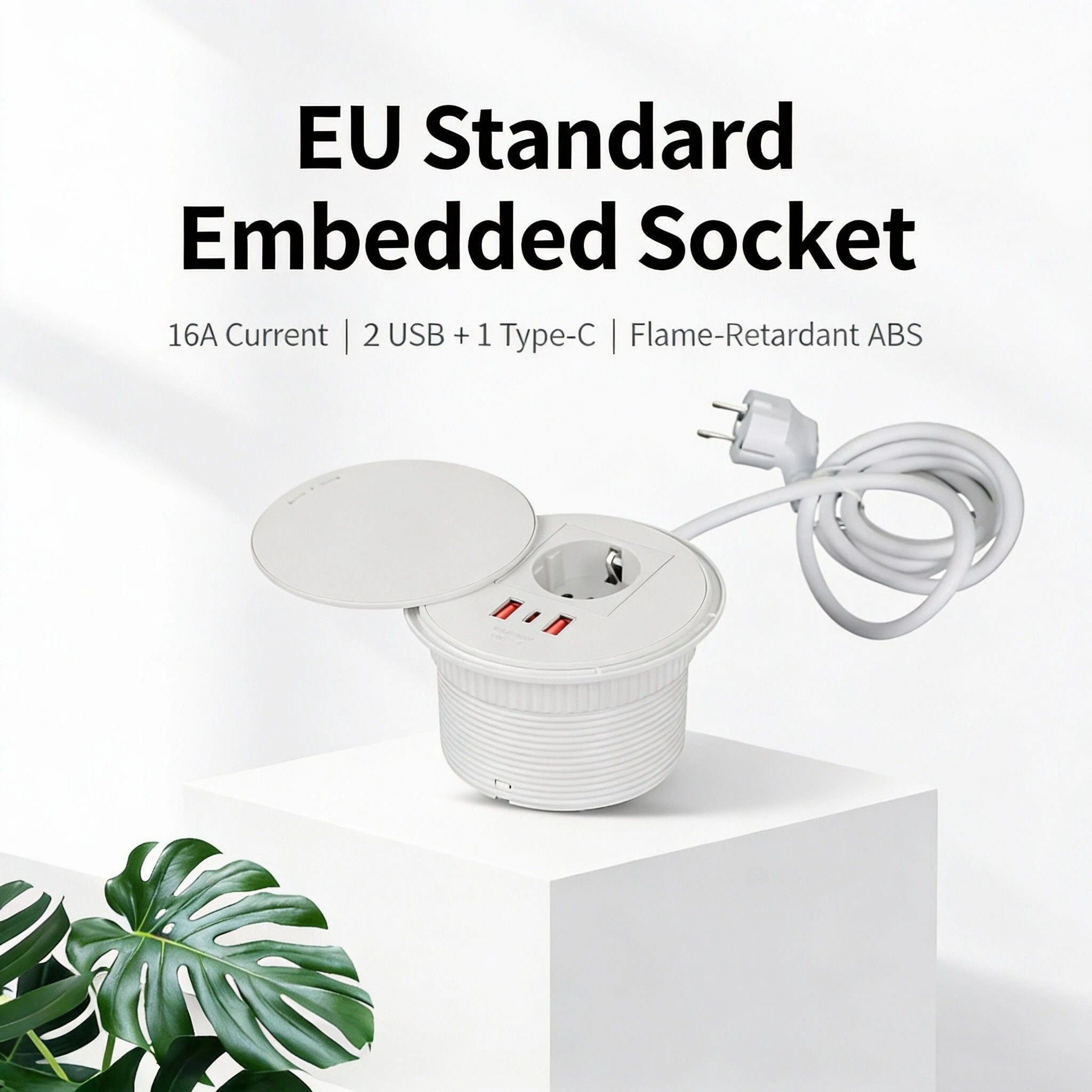 FUNAYA Embedded Circular Desktop Socket EU UK Plug with USB TYPE-C Charging Built-in Desk Countertop Table Extension Outlets