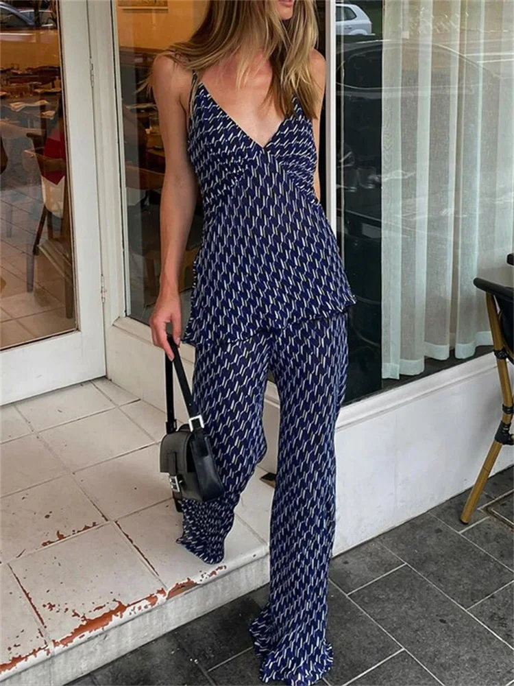 Printed Fashion Women's Pants Outfits V-Neck Contrast Slim Pullover And Wide Leg Trousers 2 Piece-Set Clothes Casual Sets
