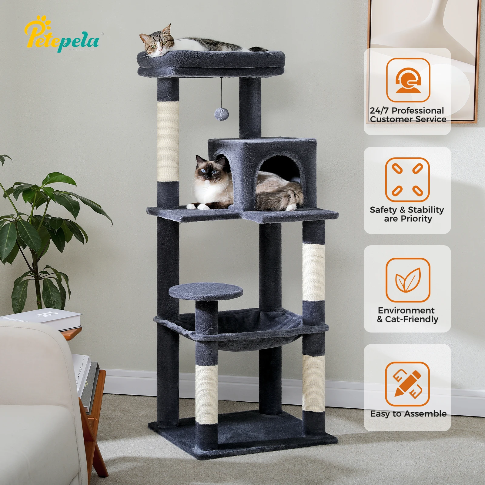 Cat Tree for Indoor Cats Multi-Level Cat Tower with Super Large Hammock Sisal Covered Scratching Posts, Cozy Condo and Top Perch