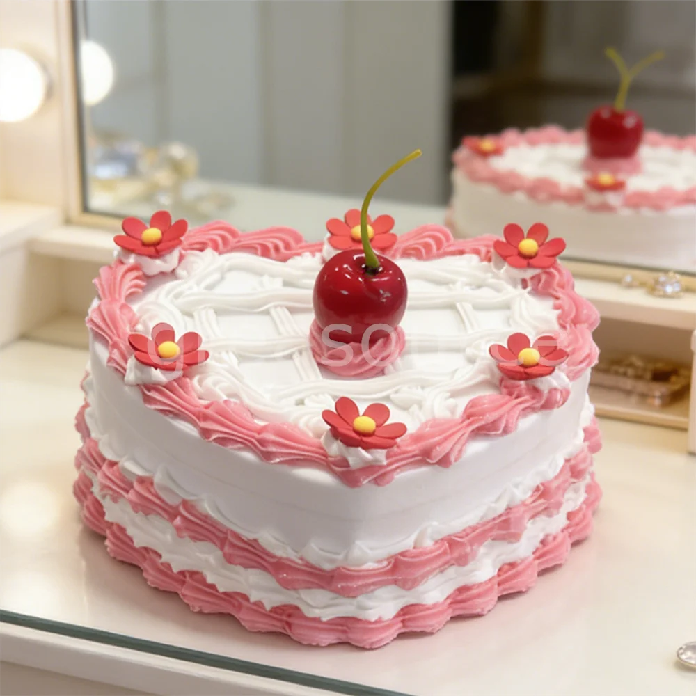 Heart Shaped Cherry Cake Jewelry Box Plastic Faux Cake Storage Organizer Decorative Trinket Case Home Necklaces Kawaii Display