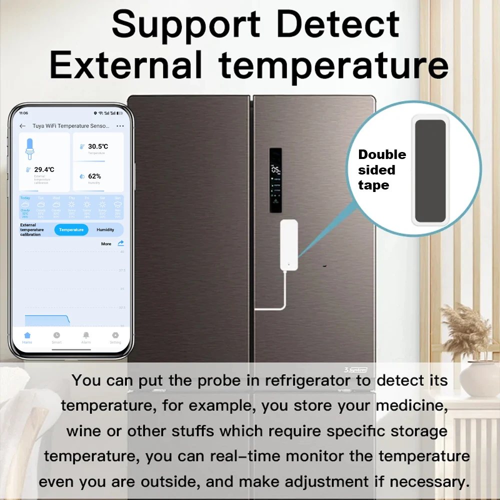 Indoor and Outdoor Tuya WiFi Humidity Temperature Sensor with External Probe for Smart Home APP Monitoring Alexa Google Voice