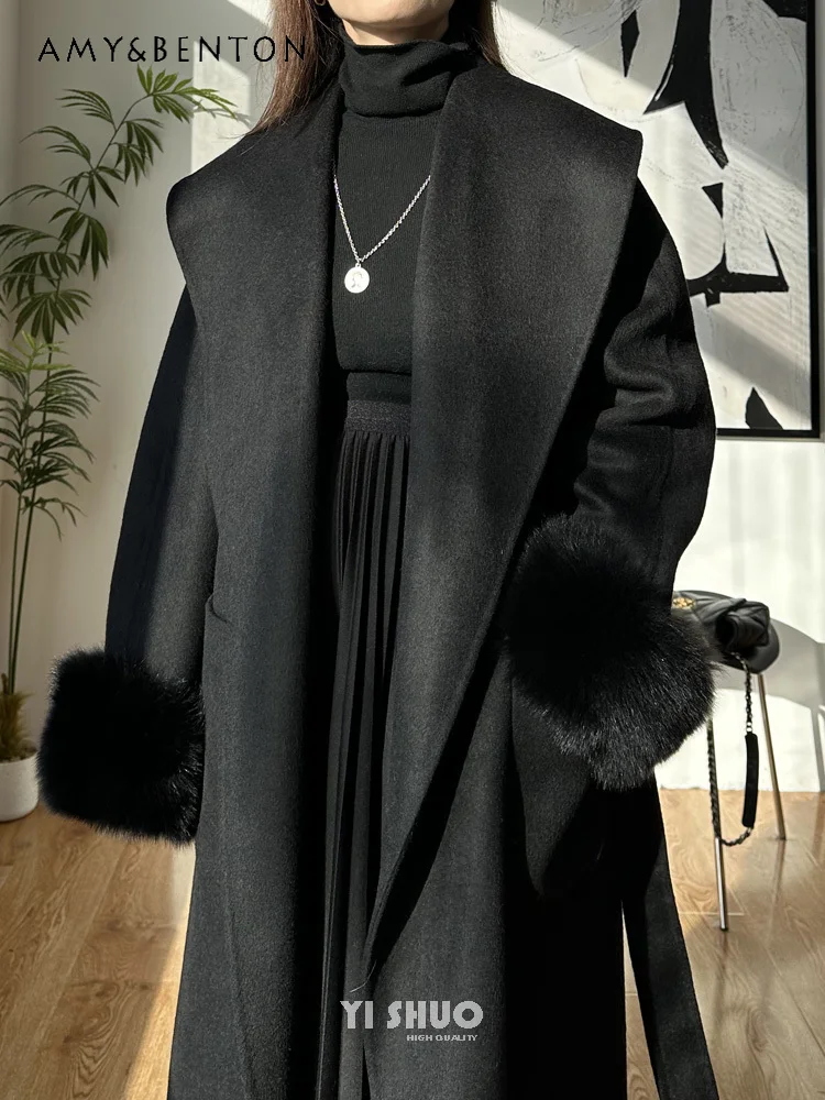 High-Grade Fox Fur Stitching Long Sleeve Large Lapel Double-Sided Wool Coat Women Winter New Elegant Loose All Match Jackets