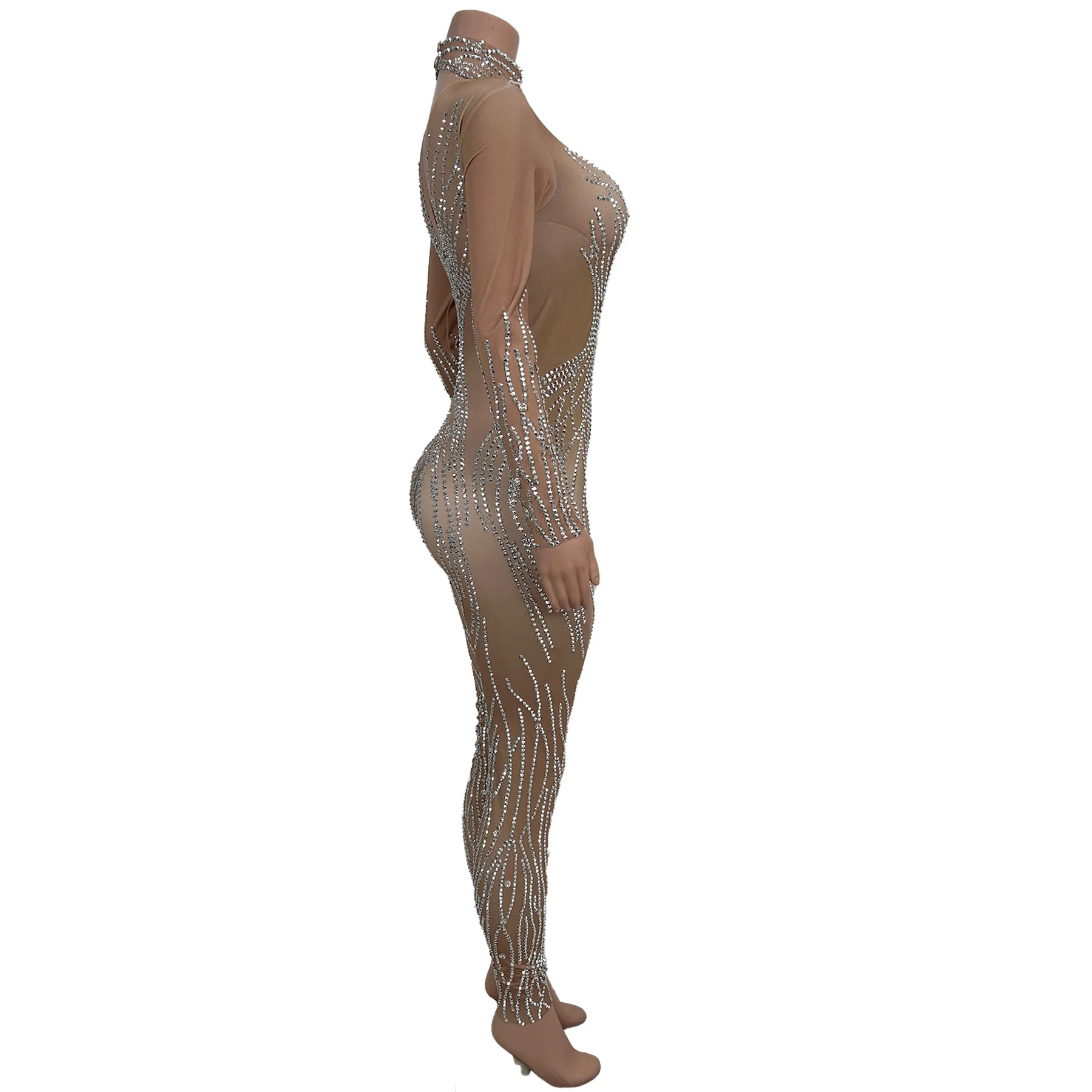 

Luxury Sparkly Silver Rhinestone Spandex Tight Fitting Jumpsuit Nightclub Event Party Outfit Bar Singer Dancer Show Stage Outfit