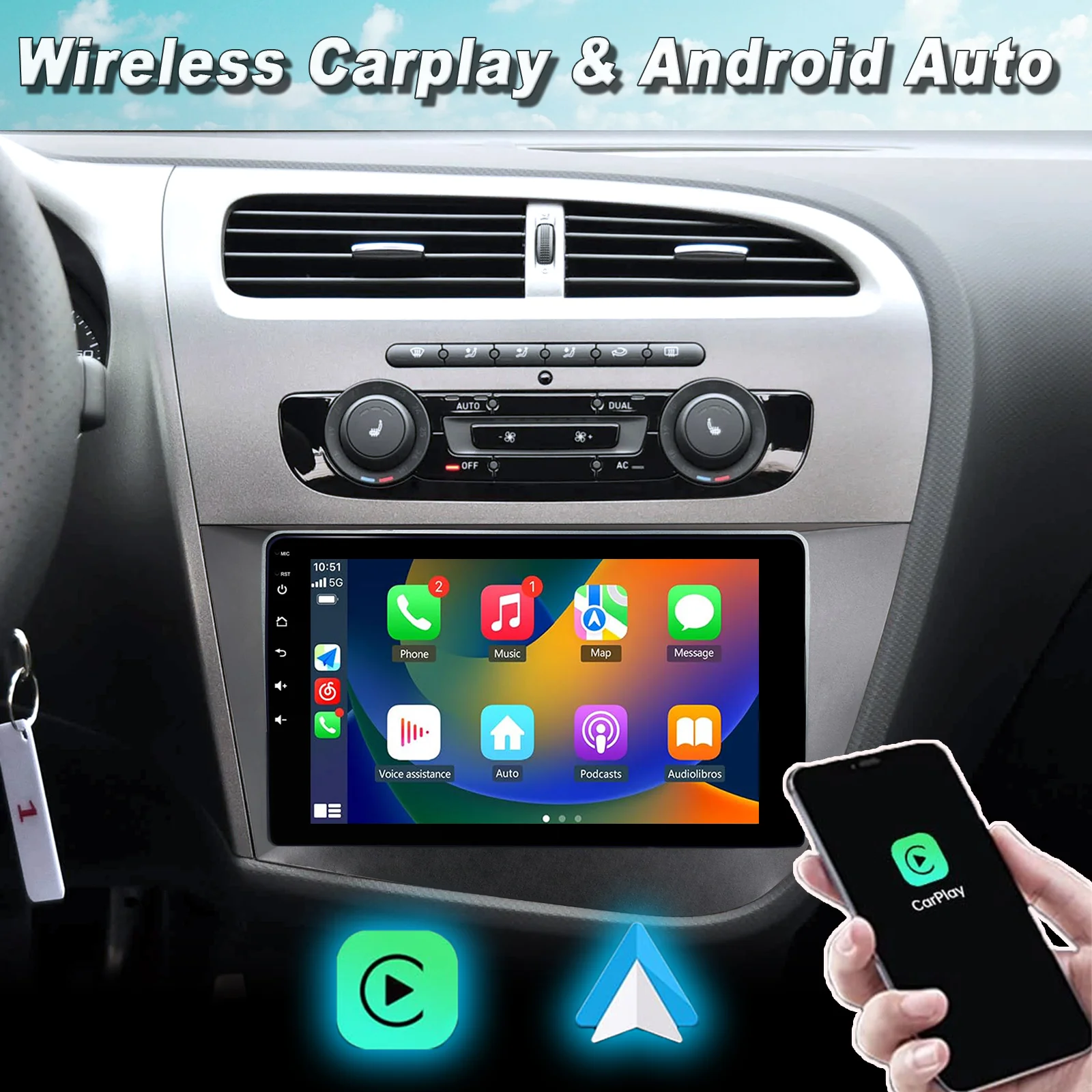 

Android Car radio for Seat Leon MK2 2005-2012 screen Carplay Android Auto, GPS Navigation, Bluetooth, FM radio, SWC, rear camera