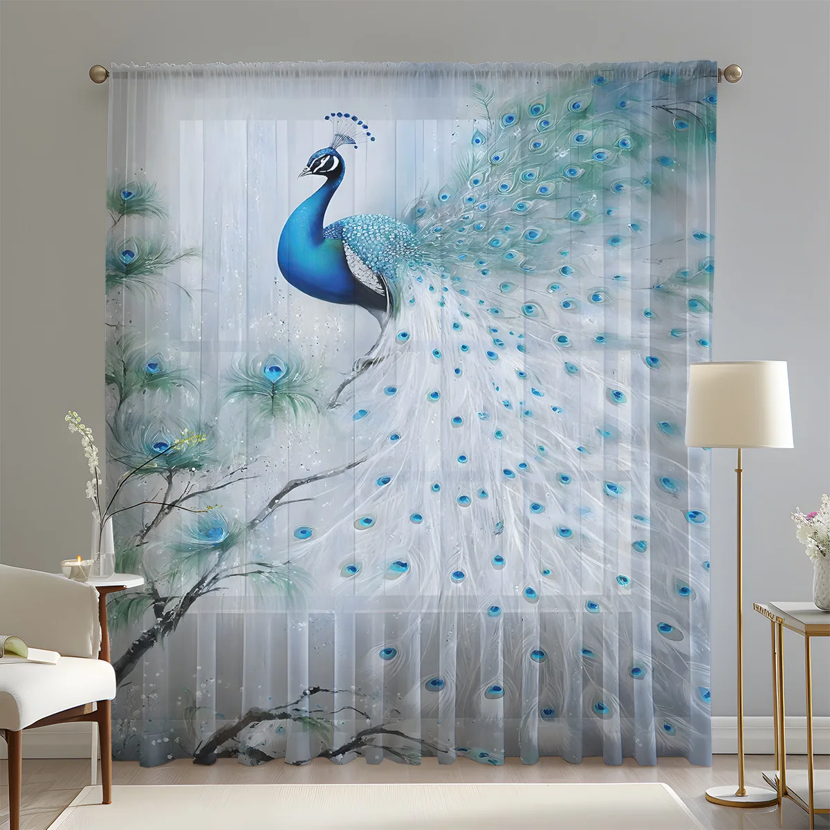 1pc Blue White Peacock Window Curtain 3D Digital Print Sheer Voile Rod Pocket Living Room Bedroom Decor +Free shipping