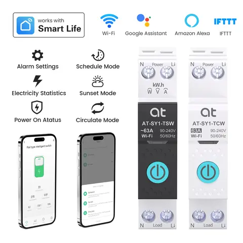 TUYA WIFI Smart Circuit Breaker Power Metering 63A 1P  DIN Rail for Smart Home wireless Remote Control Smart Switch by APP ATELE