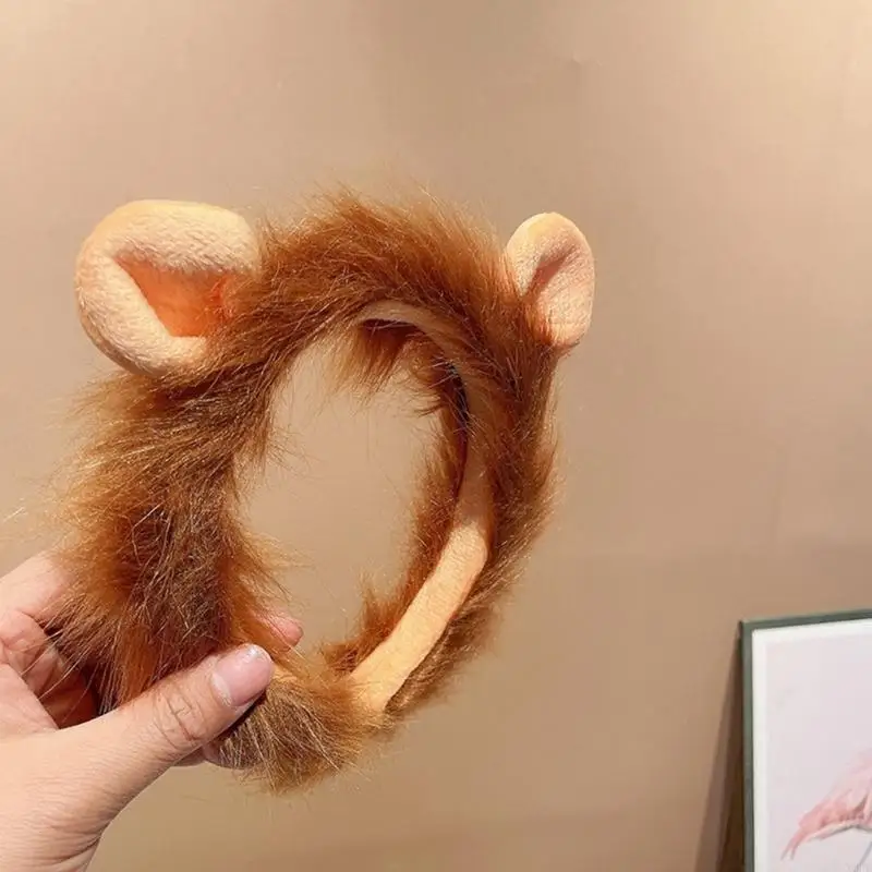 X9FD Cartoon Lion Headband Animal Plush Hairband Women Face Washing Hairhoop Adult Kids Family Gathering Party Headwear