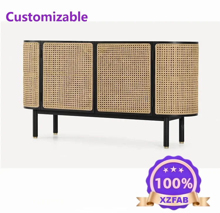 Factory Direct 2026 Simple Ankara rattan dining side cabinet wood black B & B hotel double door locker porch cabinet