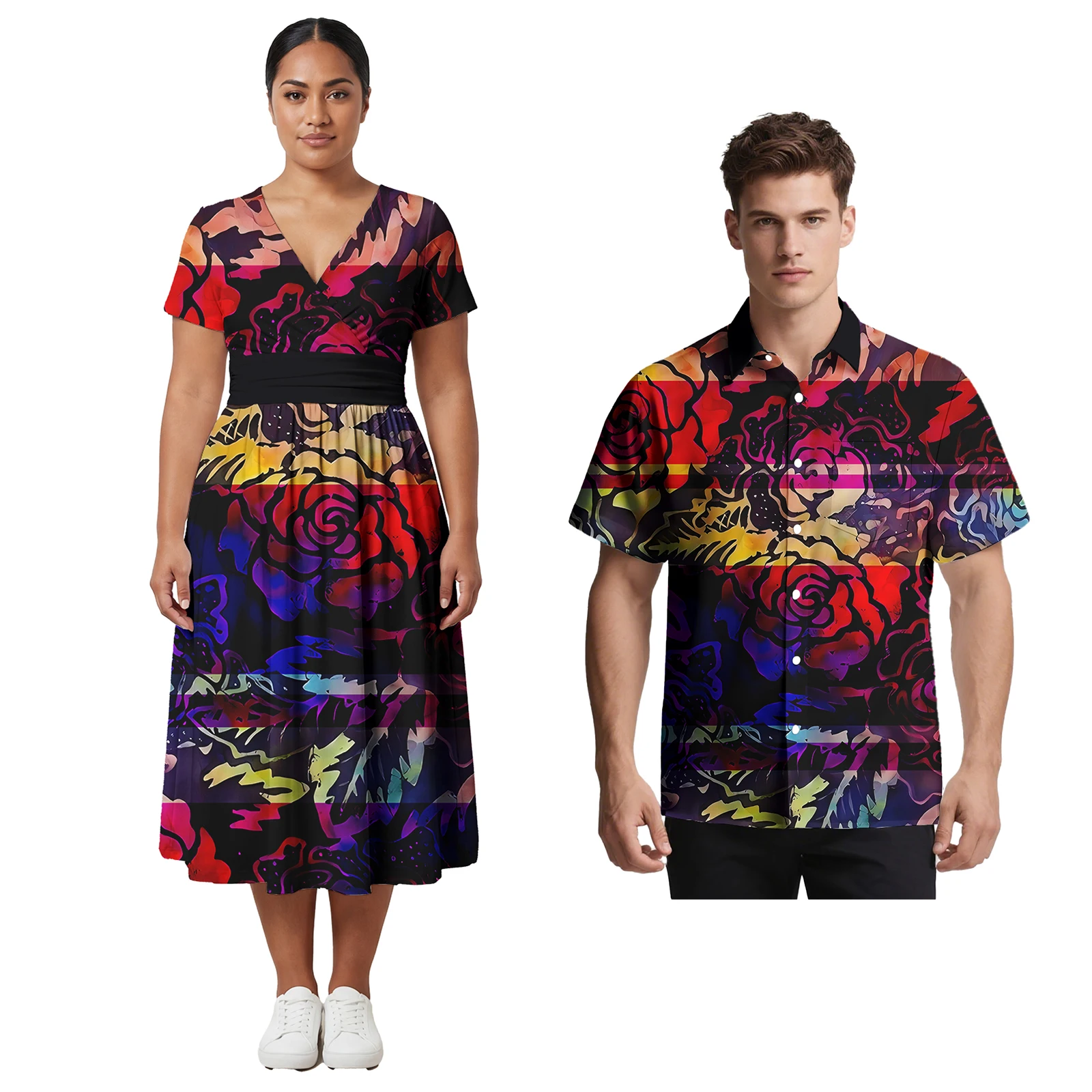 Conjuntos de Pareja de Diseño de Lujo, Camisa Polinesia Moderna para Hombre, Vestido Samoa para Mujer con Estampado Personalizado, Conjunto Aloha para Pareja