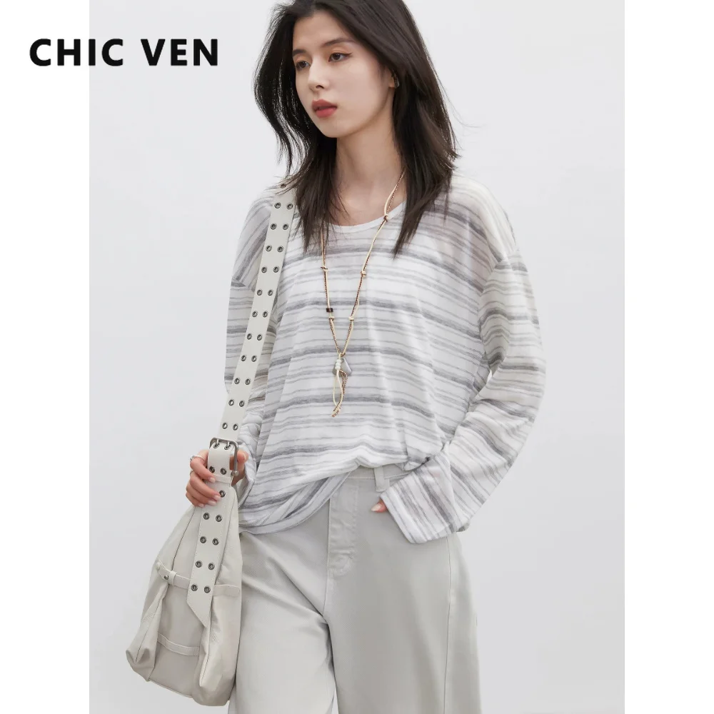 CHIC VEN Fashion Women T-Shirts U-neck Striped Long Sleeved Shirt Sun Protection Tees Hanging Neck Two-piece Set Summer 2026