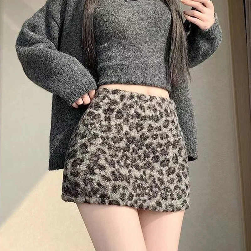 Korean Chic Leopard Mini Skirt Women's Autumn Winter New Fashion American High Waist Sexy Girls Streetwear A Line Short Skirt