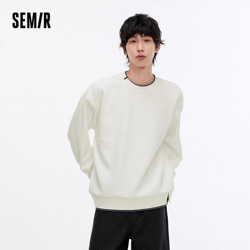 Semir Hoodie Men Color Block Fake Two Piece 2025 Autumn New Textured Letter Jacquard Casual Top