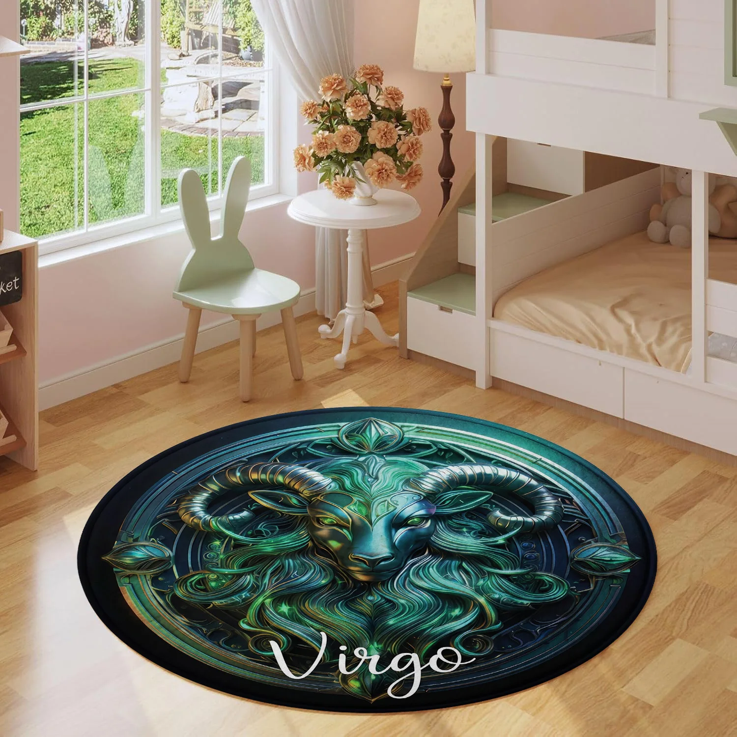Virgo Constellation Zodiac Sign Green Ram Horn Mandala Pattern Holiday Luxury Round Mat Elegant Area Rug Home Decor