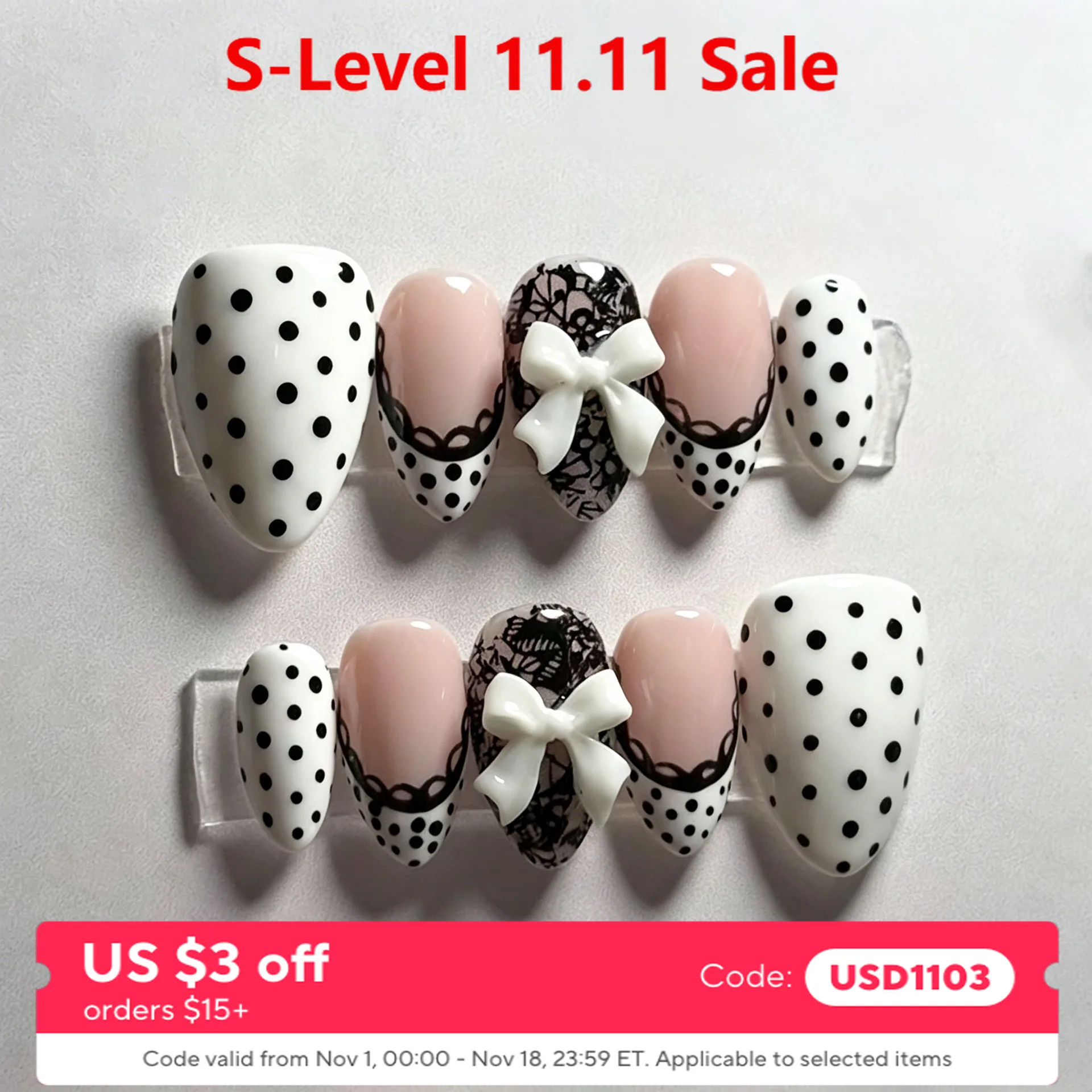 30pcs Black-and-White Wavy French Press on Nails Pearl Polka Dot Sweet Girl Bow Fake Nail Short Almond False Nail for Women