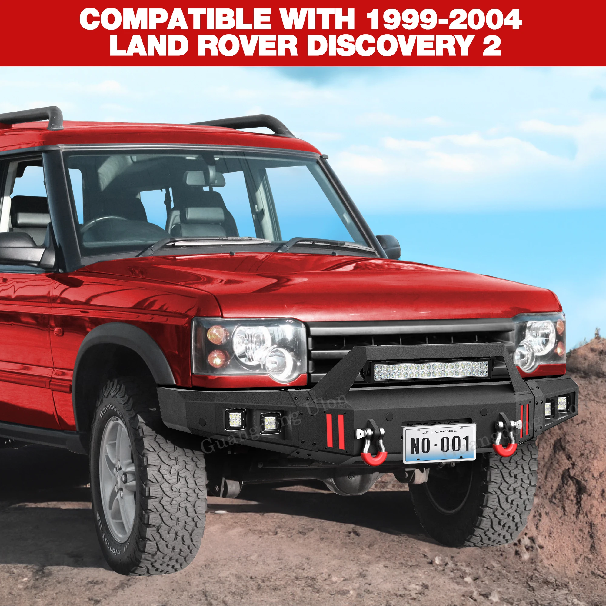 ULON Factory Price Front Bumper Fit Land Rover Discovery 2 1999-2004 Built-in LED Lights, Winch Plate, 2 Inch Hitch Receiver